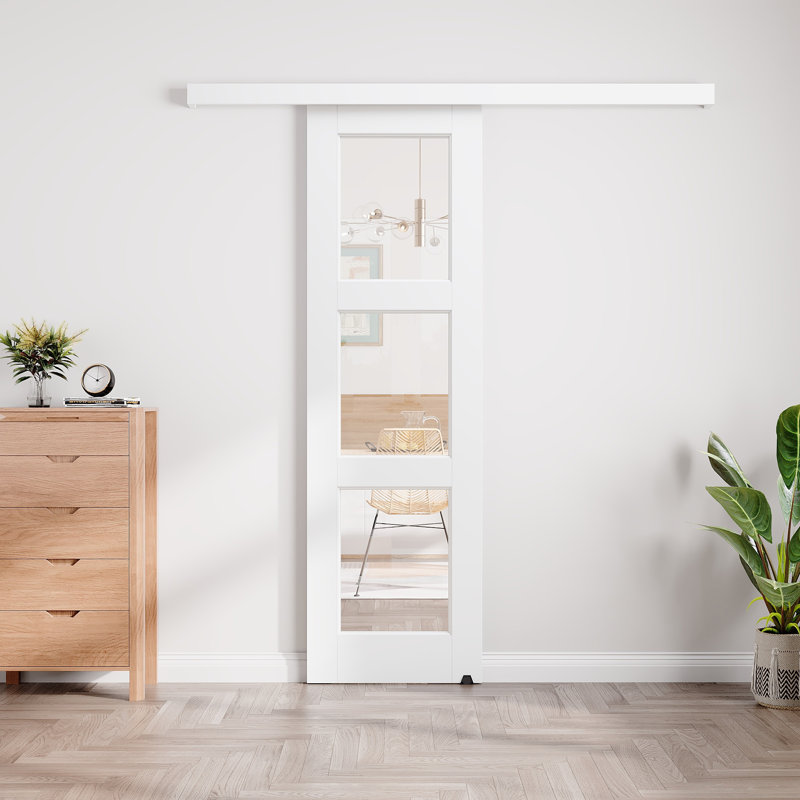 Porte coulissante de style grange avec rail dissimulé, apprêt blanc, 3 panneaux en verre transparent, pour placard ou garde-manger, avec trousse de quincaillerie (aucun assemblage requis)