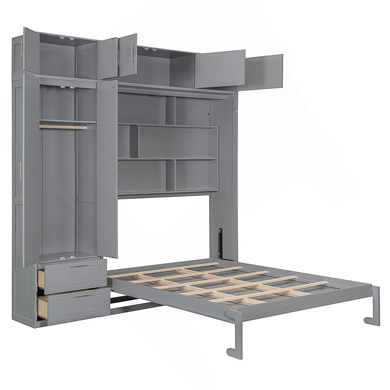 Grand lit escamotable mural avec armoire supérieure, tablettes et garde-robe, lit pliant peu encombrant, Gris