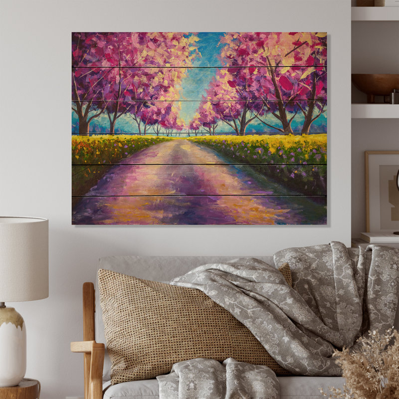 Path To The Enchanted Cherry Blossom Garden On Wood