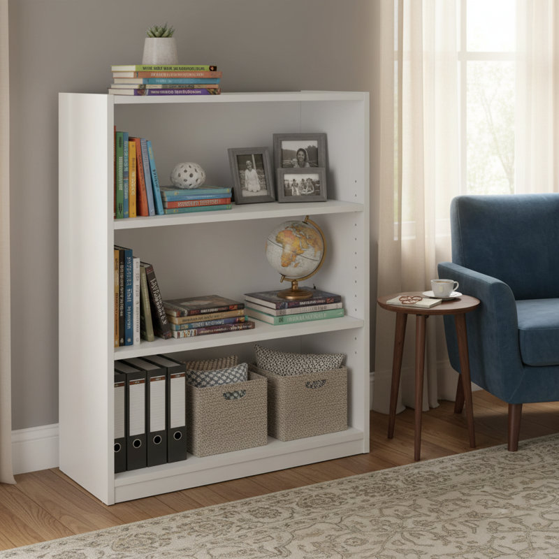 White Sturdy 3-Tier Bookcase, 2 Adjustable Shelves & 1 Fixed Shelf, White