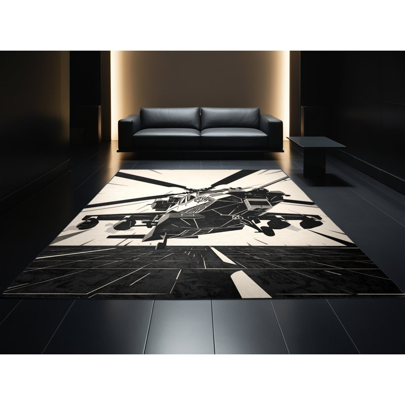 Machine Washable Mendon Attack Helicopter Industrial Geometric Rug in Beige – Black Binding, 6x9