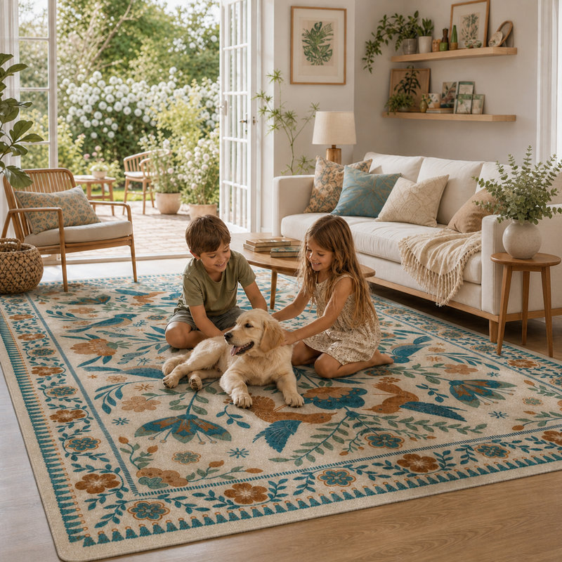  Tapis floral lavable Goldene Boho beige pour le salon, tapis à poils courts avec envers antidérapant pour la salle à manger