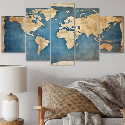 Ancienne carte du monde III - impression d'art mural - 5 panneaux