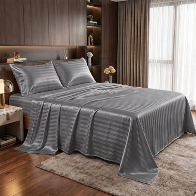 Striped Satin Sheet Set, Luxury Silky Soft Bedding, Elegant Striped Design, Cooling Breathable Sheets, Hotel-Inspired Comfort for Bedroom, Deep Pocket Fitted Sheet, (Dark Grey, Full 4pc)