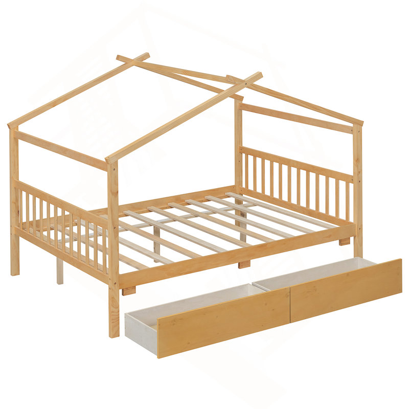 Cadre de lit, lit en bois avec tiroirs de rangement, Complète, Naturel