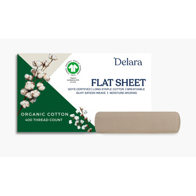 Delara GOTS Certified 100% Organic Cotton Sateen Flat Sheet, 400TC Long Staple, Soft, Silky, Breathable & Moisture-Wicking