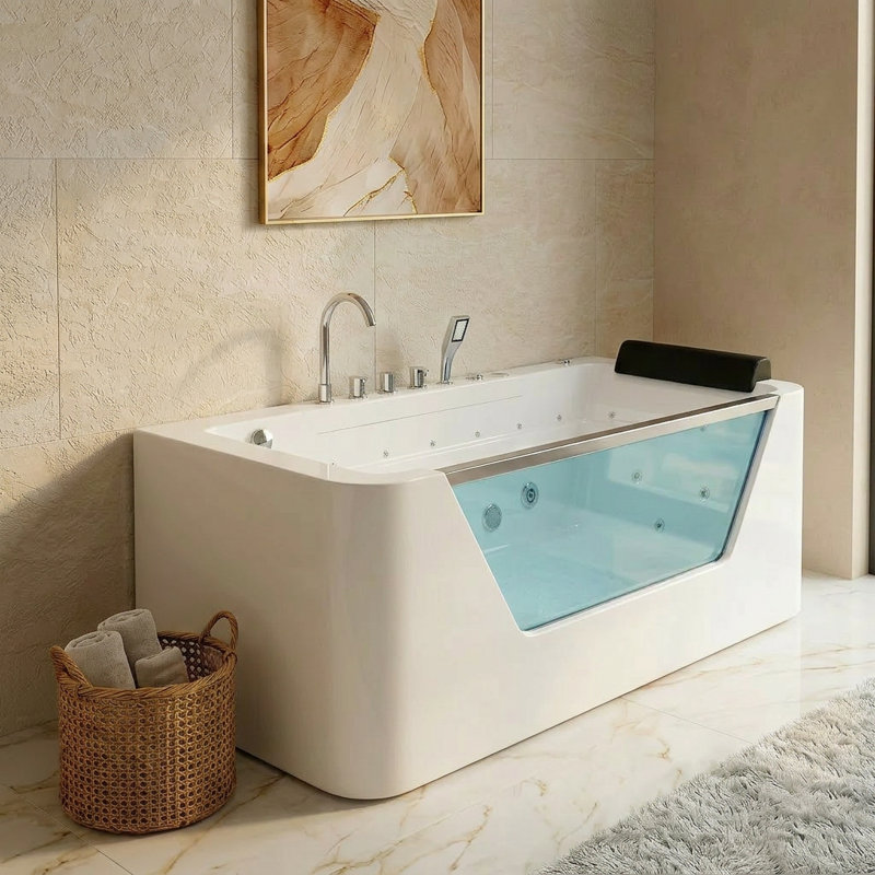 Baignoire tourbillon en alcôve 59 "en acrylique - 7 jets d'hydromassage avec chromathérapie, baignoire à jets rectangulaire avec tablier à 3 côtés