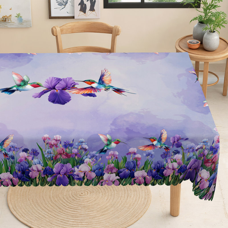 Purple Iris Hummingbird Spring Tablecloth, Washable Rectangular Tablecloth, Ideal for Indoor Dining and Family Gatherings