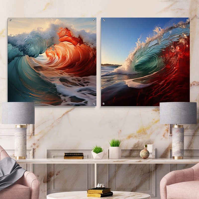 Vague verte rouge, merveille colorée - ensemble d'art mural en verre acrylique côtier de 2, H 36 po x l 73 po