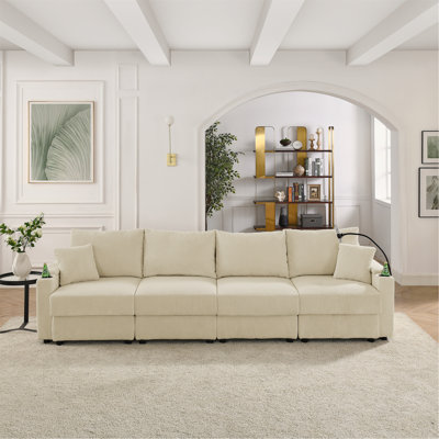 Modern 4 Seat  Sofa With Storage, Deep Seat Sofa With Cup Holders & Phone Holder , Beige Corduroy Couch For Living Room,Beige