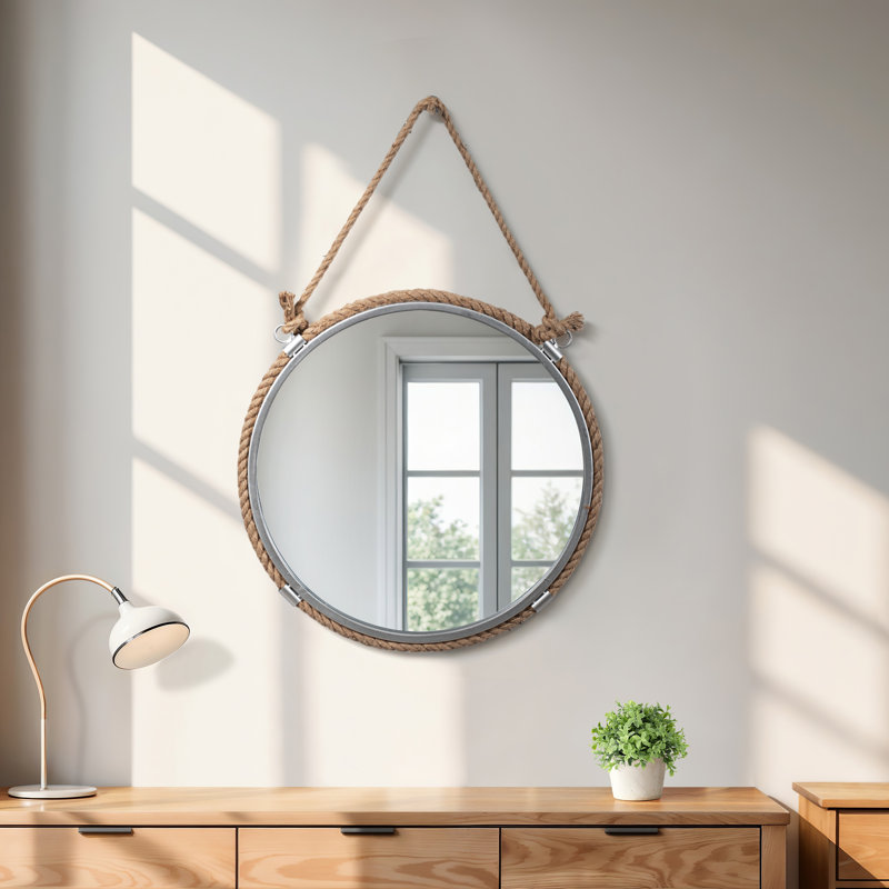Tomasi Round Coastal Wall Mirror with Rope Hanger - 31" Metal & Glass Frame, Brown & Silver - Nautical Decor for Home, Bedroom, Living Room, or Office