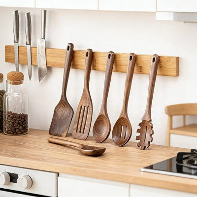 Ensemble d'ustensiles de cuisine en bois de noyer noir fait à la main, 6 cuillères et spatules de cuisson avec poignée longue pour batterie de cuisine antiadhésive, naturelle et non toxique