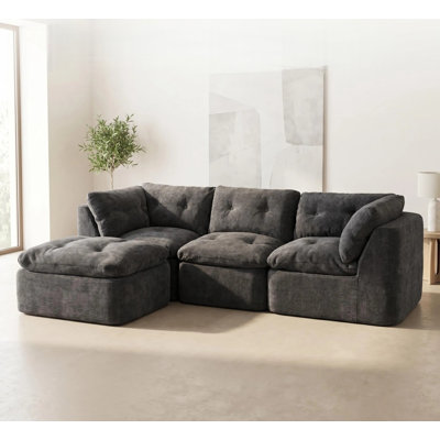 Modular Sectional Sofa with Movable Ottoman, chenille fabric 3-4 Seat L-Shaped Convertible Compressed Cloud Couch, High Back Deep Seat Comfy Cloud Sofa, No Assembly Free Combination Oversized Green/Grey/White Modular Sofa for Living Room, Expandable by Multiple Sets