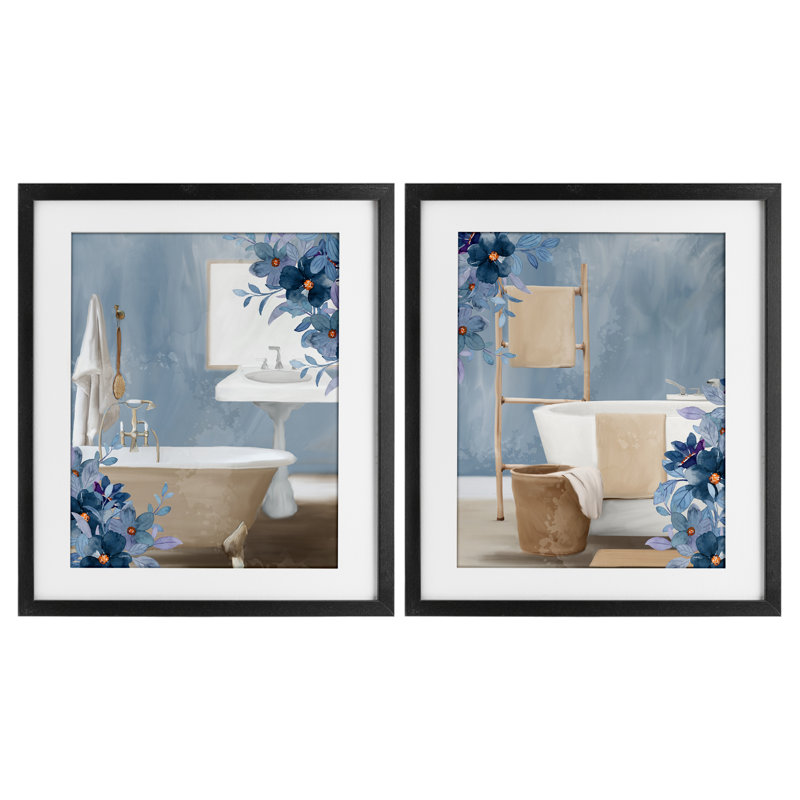 Ensemble de salle de bain sous-verre à motif floral d'intérieur 2 pièces, par Kim Allen, H 16 po x l 13 po, Cadre noir minuit