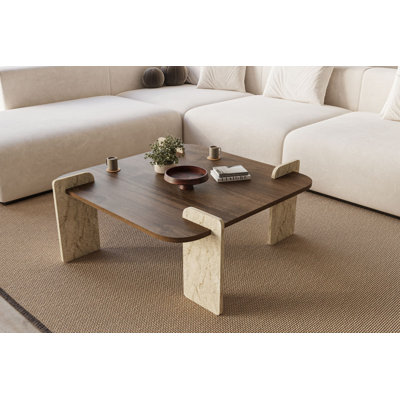 Travertine And Walnut Square Coffee Table