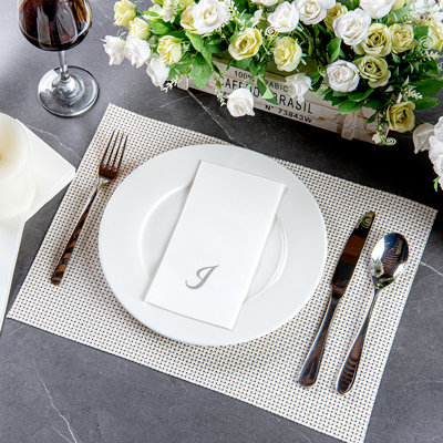 Restaurantware Paper Napkins Pack of 2000 Silver Letter I Linen-Feel Disposable Guest Towels 15.75 x 7.87 Inches, Elegant Airlaid Silver Printed Design White Napkins with Monogram for Events