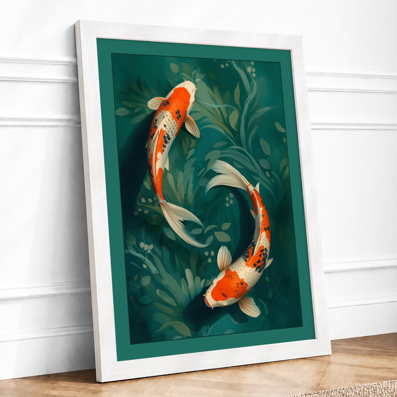 Koi in Teal Water Japandi - Framed Print, A1 - 84.1 x 59.4 cm, White