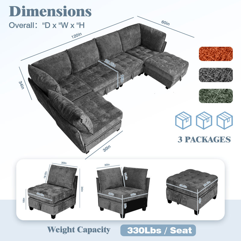 Canapé modulaire en chenille 6 pièces avec siège de rangement et canapé modulaire 6 pièces, Gris