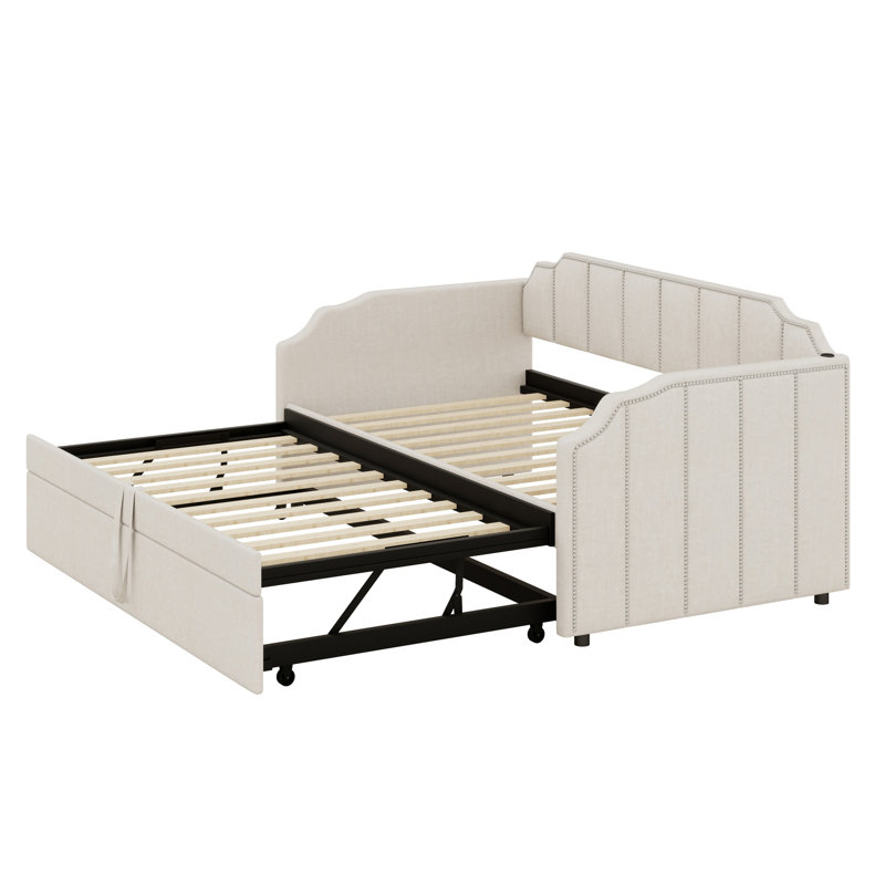 Daybed with Upholstered Design, Pop-Up Trundle, Beige