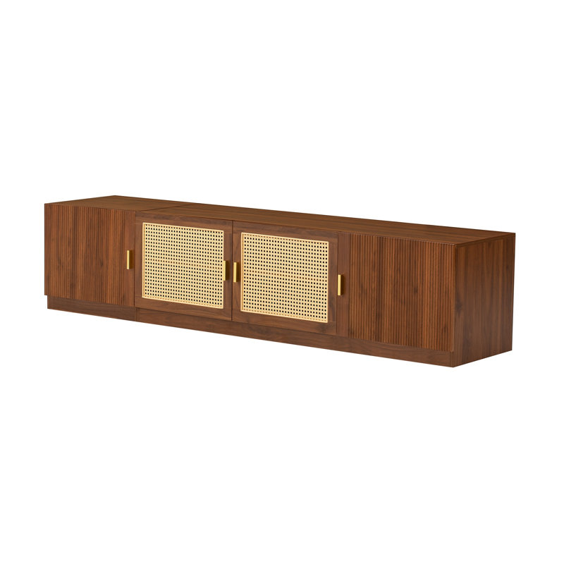 Meuble télé 78 po en rotin avec portes cannelées et tissées, tablettes ajustables pour téléviseur de 85 po