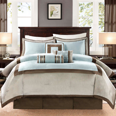 7 Piece Queen Comforter - Blue And Neutral Tones, Decorative Pillows, Steam For Filling, Intricate Detailing