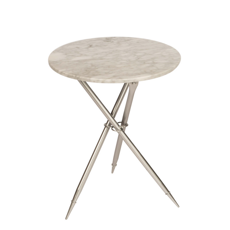 Steele Foldable Marble End Table – 16.5" Round White Marble Top with Silver Metal Base, Silver