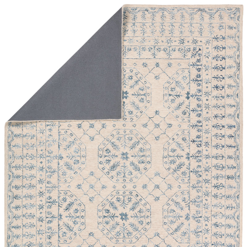 Bungalow Rose Andjela Handmade Medallion Ivory/Blue Area Rug, Rectangle 10' x 14'
