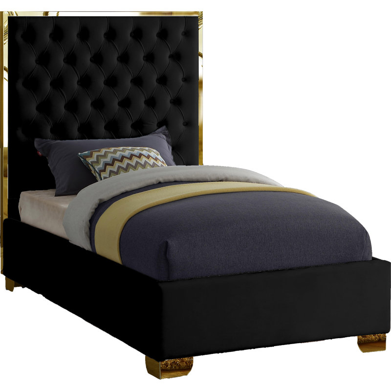 Spadaro Upholstered Platform Bed, Black Velvet, Gold, Twin