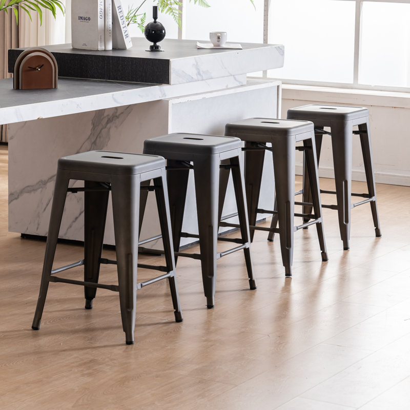 Counter Stool with Metal Frame, Backless Stackable Bar Stool, Matte Grey