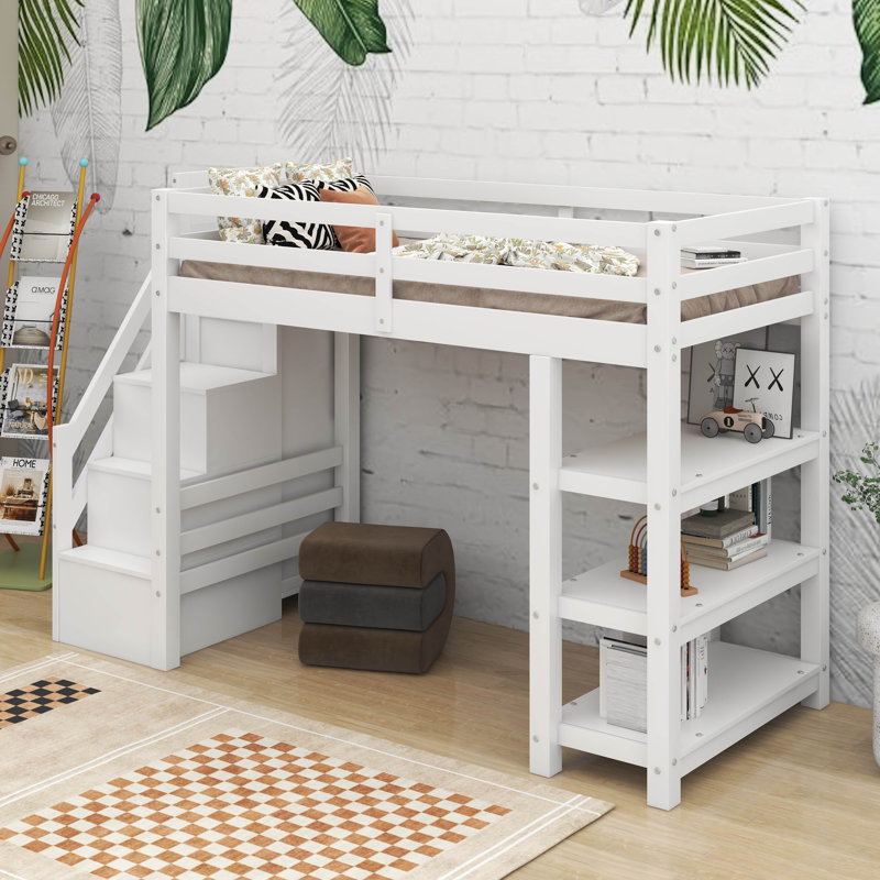 Loft Bed With Shelves, Storage Staircase, Small Wardrobe And White LED Light, 65" H x 95.8" W x 42.2" D