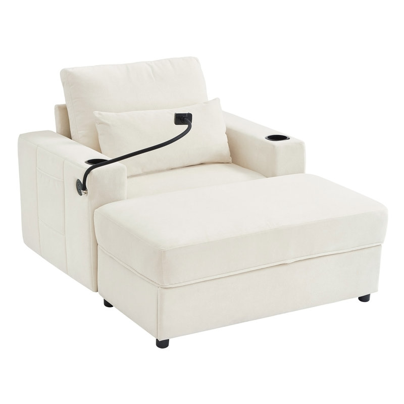 Fauteuil multifonctionnel de style moderne avec repose-pieds de rangement mobile, ports USB, porte-gobelets et poches latérales pour espaces de vie compacts, beige