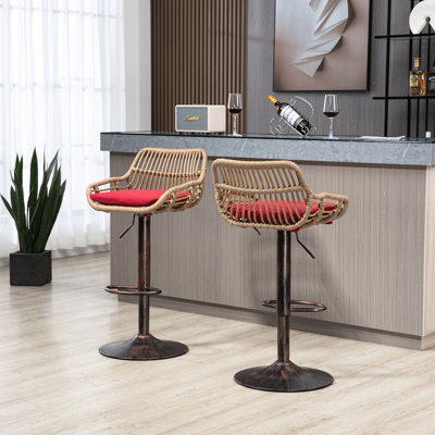 Tabourets de bar modernes rouges de 2, réglables avec repose-pieds pour la cuisine et la salle à manger, fabrication en métal, capacité de 250 lb, coussin de siège de chaise rembourré en lin 2 pivotant en rouge, repose-pieds à hauteur de comptoir,
