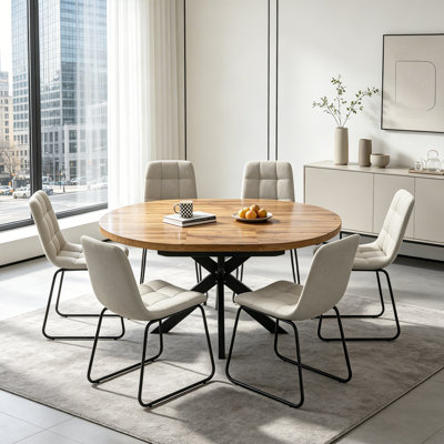43"-59" Extendable Round Dining Table Set, 7-Piece Modern Kitchen Table with 6 Upholstered Dining Chairs 