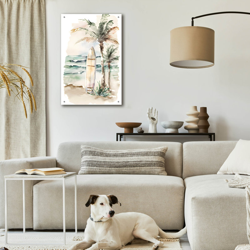 «Watercolor Beach Surfboard» par Petals Prints Design, art mural en verre acrylique, H 36 po x l 24 po