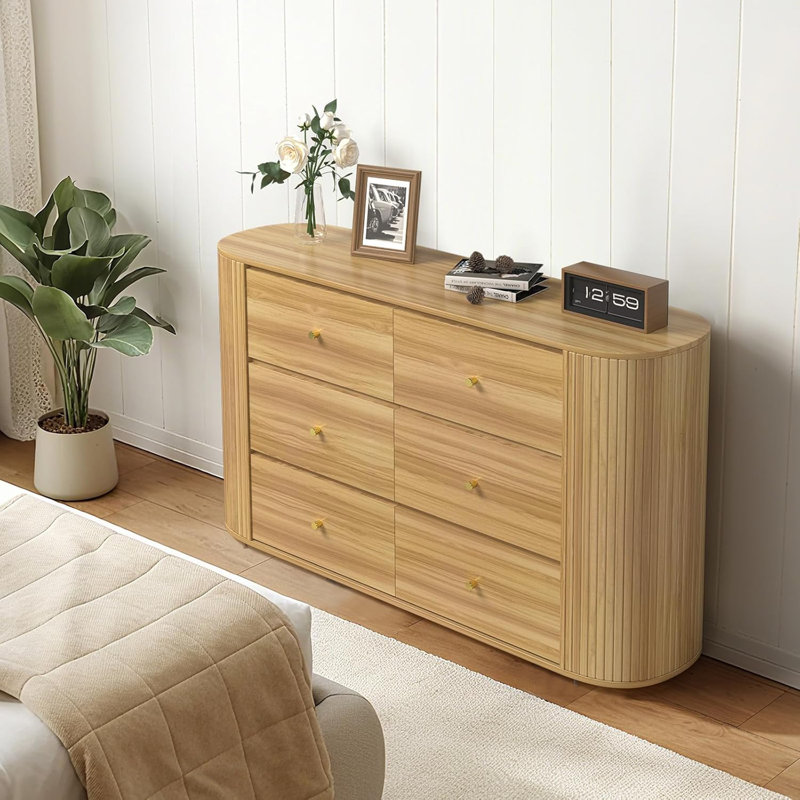 6-Drawer Dresser, Mid-Century Modern Design with Fluted Side Panels, Solid Wood Legs, Large-Capacity Storage, Rounded Corner Profile