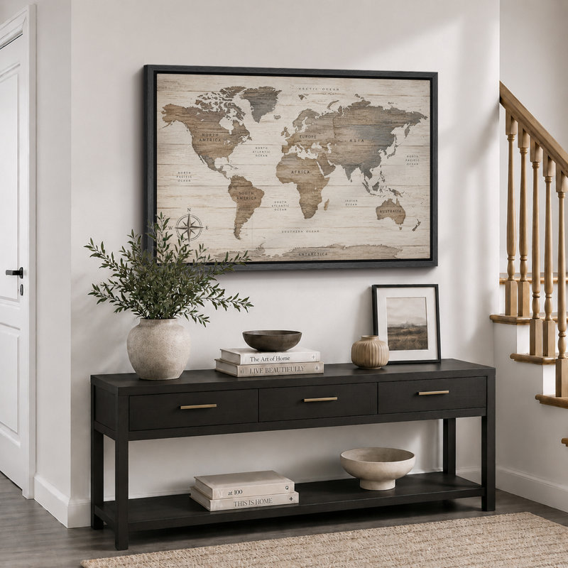 Illustration de carte du monde rustique, photos de bureau, impression sur toile encadrée, 24" H x 36" W x 1.5" D, Black Frame