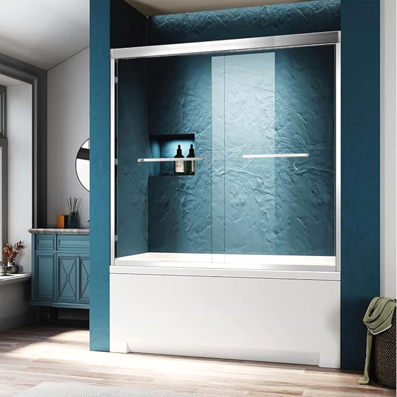 56-60"W X 60"H Double Sliding Tub Shower Door, Aluminium Alloy Frame In Chrome, 1/4" (6Mm) Thick SGCC Tempered Clear Glass.