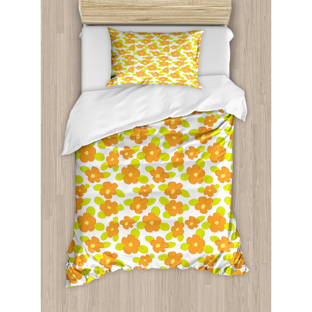 Bettbezug Set, Kind-Mädchen-Doodle Floral, Orange, Apfelgrün Orange