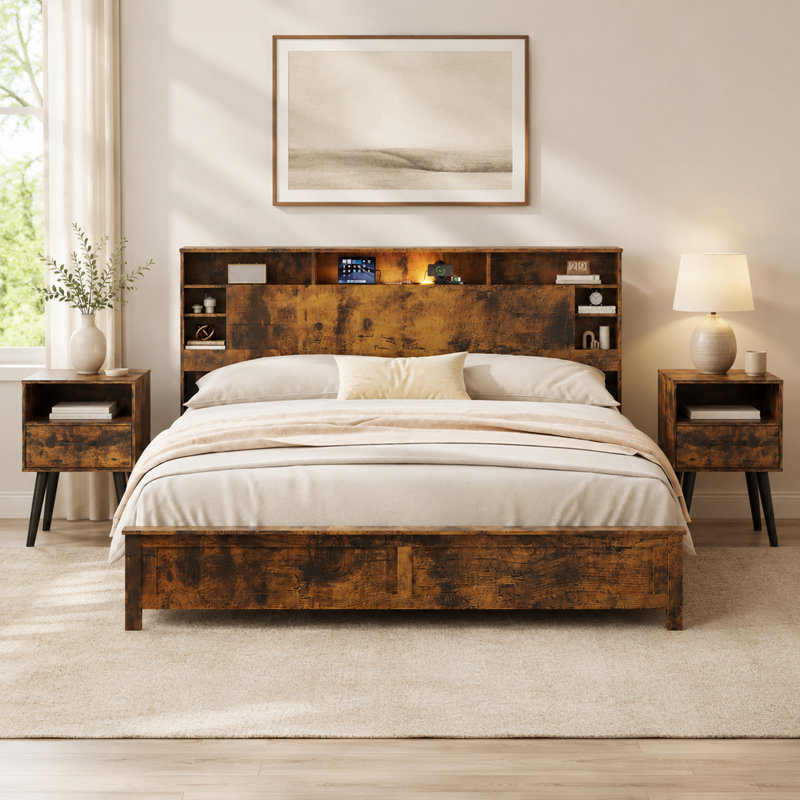 Ensemble de chambre à coucher 3 pièces avec lit tête de lit avec rangement, DEL, station de charge et 2 tables de chevet