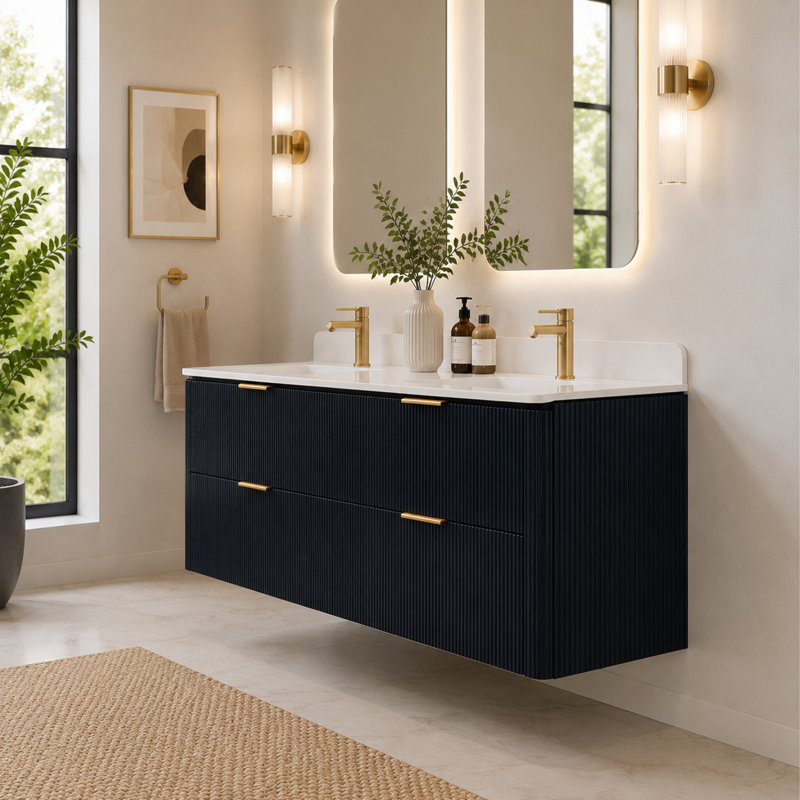 Ensemble de meuble-lavabo mural 60 po à double paroi flottante cannelée avec lavabo double en acrylique intégré et 4 tiroirs à fermeture en douceur 60 po