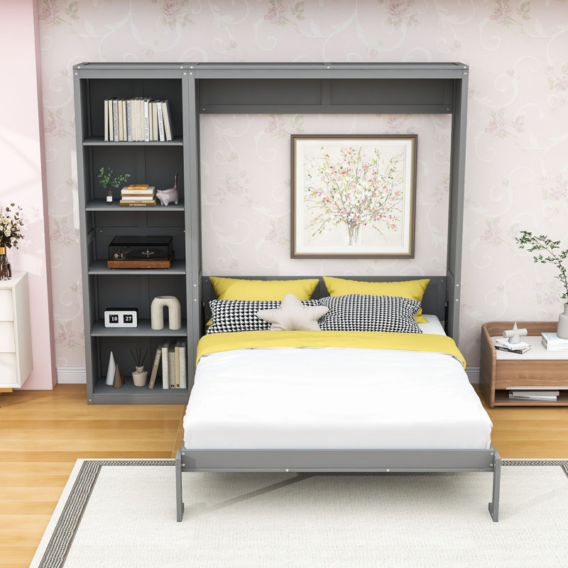 Lit escamotable en bois avec tablettes et tête de lit, Gris, Double