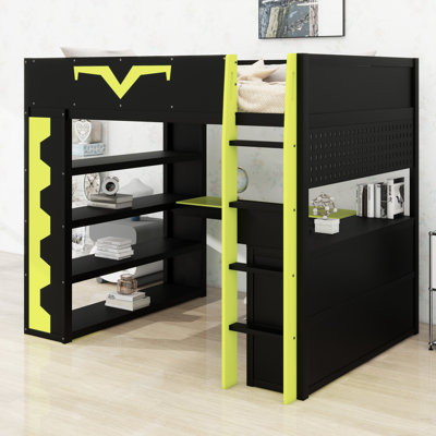 Lit mezzanine multifonctionnel avec bureau, lumières RVB, plateau à clavier et rangement, lit de jeu avec prise de courant, panneau perforé et tablettes