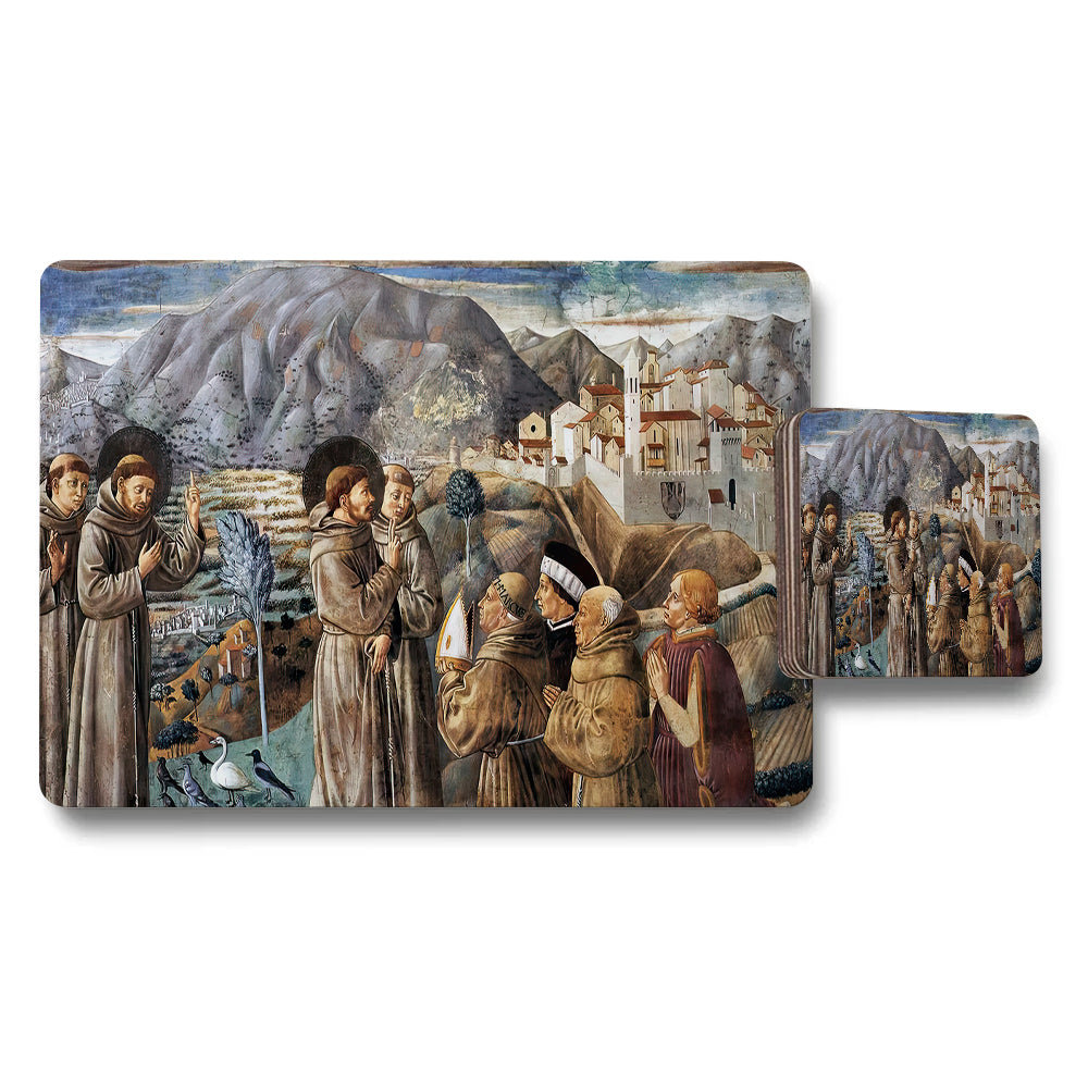 Medieval Monastic Scene Placemat And Coaster Set With Town Artwork