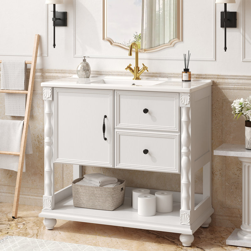 Meuble-lavabo simple 36 po avec lavabo en céramique intégré, tiroir, armoire, tablette ouverte et pieds en bois massif, Blanc