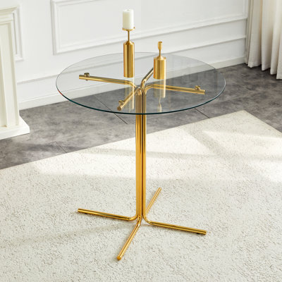 Round Glass Bar High Table With Tempered Glass Top And Sturdy Gold Chrome Plated Support, Perfect For Small Spaces And Kitchens