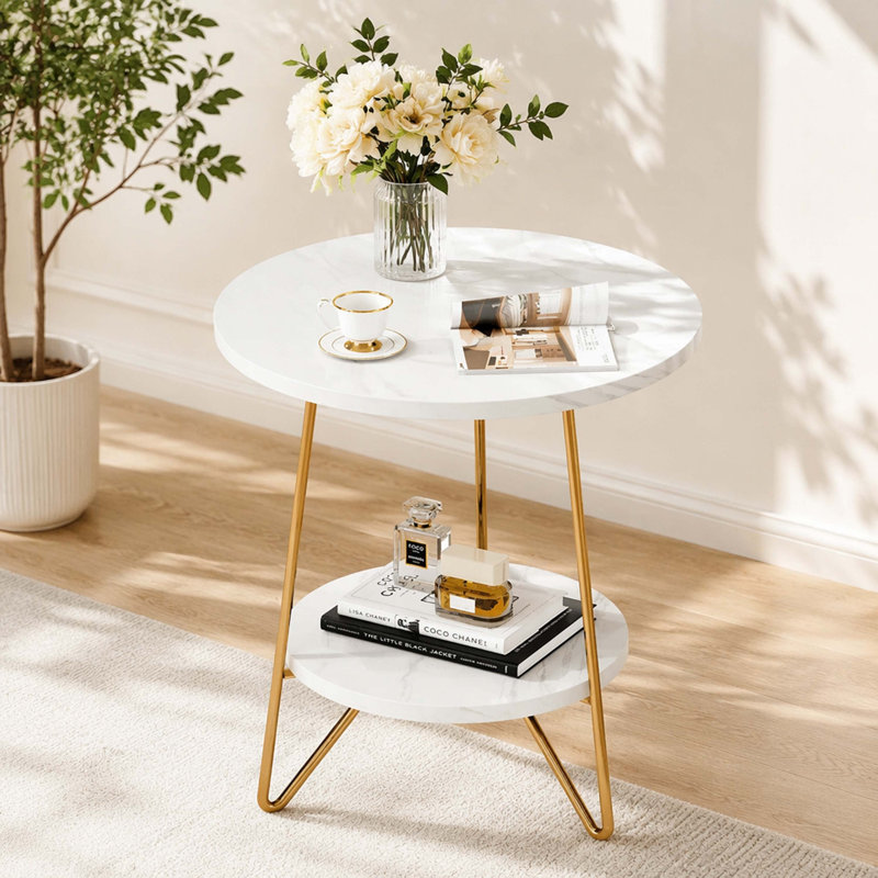 Table d'appoint ronde à 2 niveaux en faux marbre blanc, table de chevet d'appoint moderne avec pieds en épingle à cheveux dorés