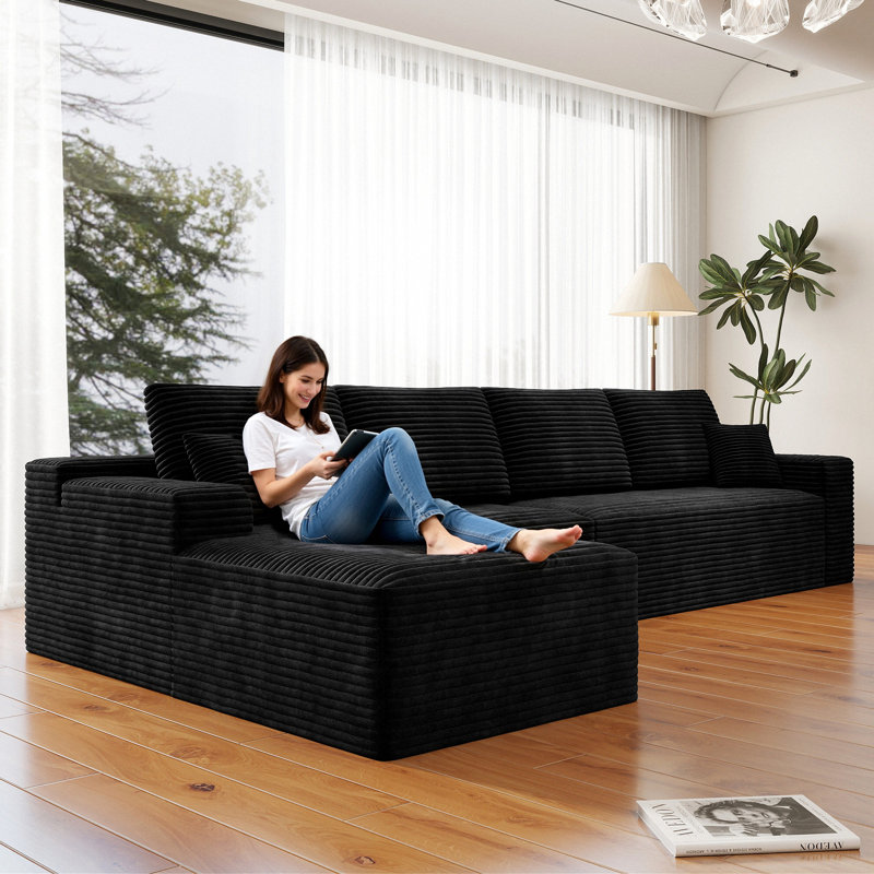 132" L-shaped Sectional Couch, Compression Sofa, Black Corduroy, Left Facing, Left Hand Facing, Black Corduroy