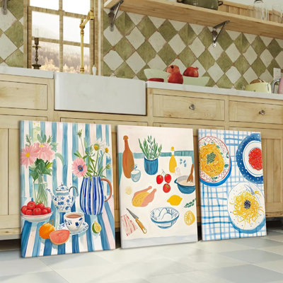3Pcs Blue Striped Dining Room Food Wall Art Funky Kitchen Wall Decor Pictures Vintage Kitchen Plant Posters Prints Pasta Night Painting For Dining Room Kitchen Home Decoration 24X16in Framed