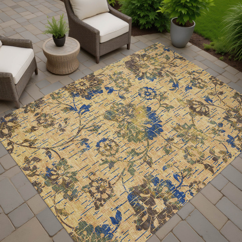 Machine Washable Indoor/Outdoor Chantille ACN2616 Floral Rug, Gold, 3' x 5'