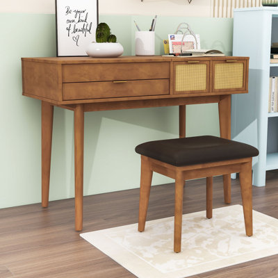 Makeup Vanity with Flip‑Top Mirror, Cushioned Stool, 3 Drawers and Rattan Accents